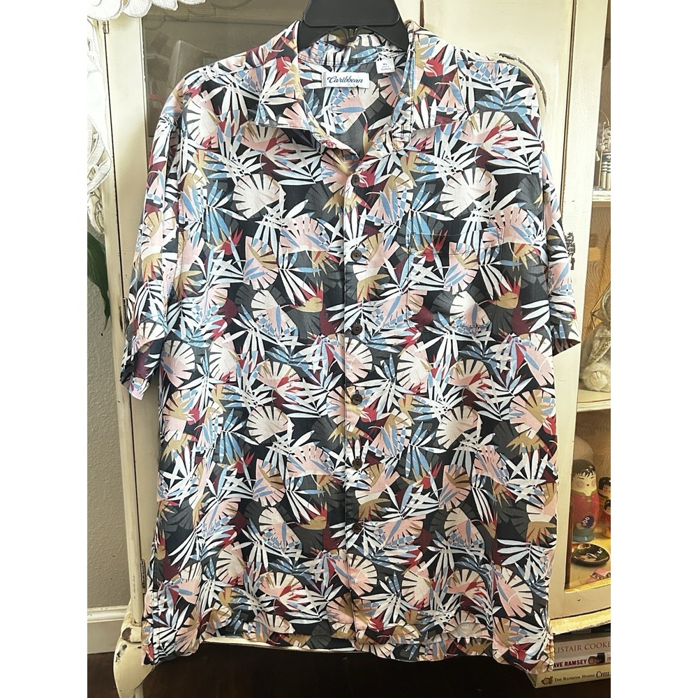 Caribbean Roundtree Yorke Hawaiian Charcoal Multi-Color Men's Button Down XL